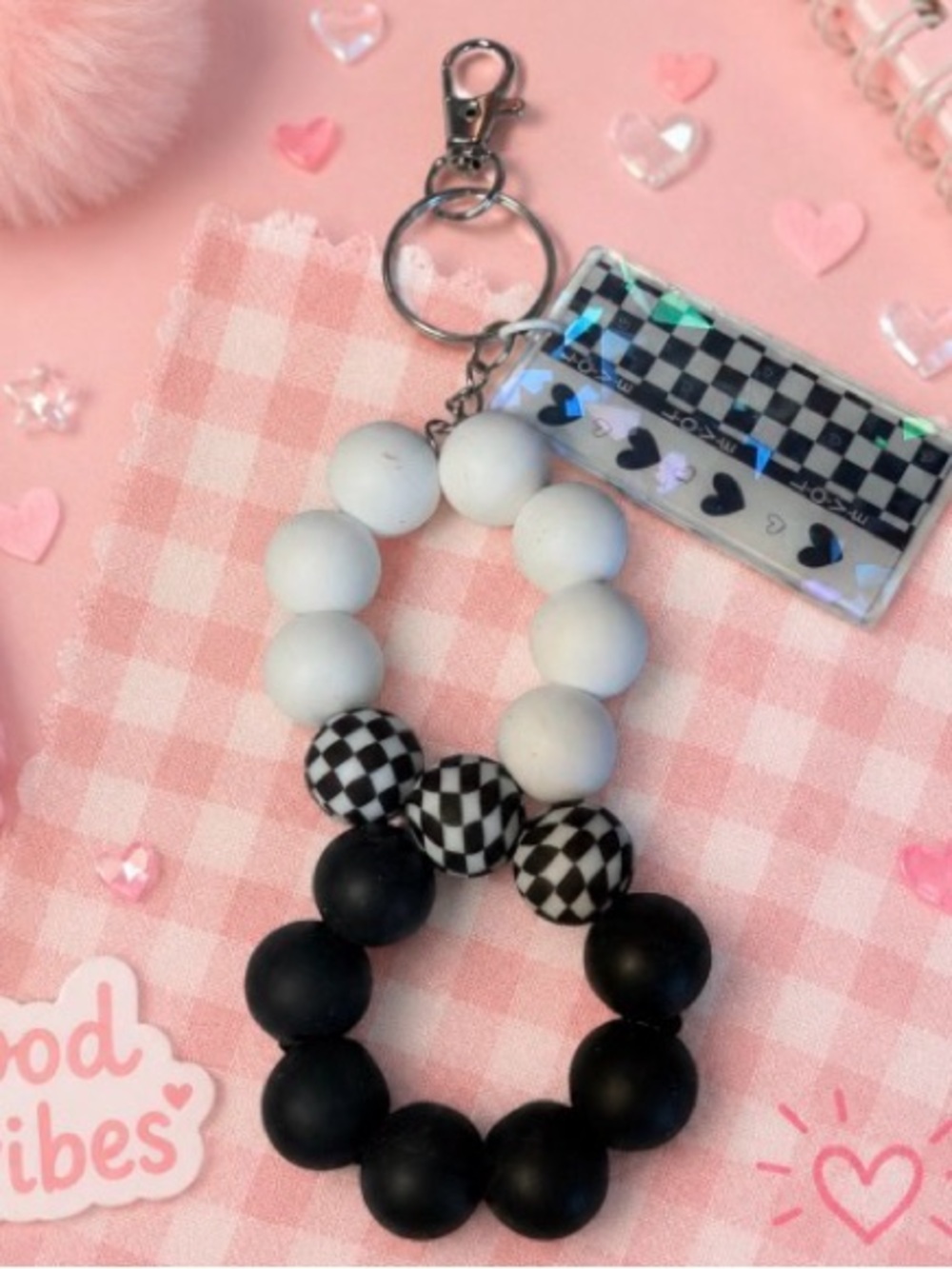 Handmade Black & White Beaded Infinity Keychain